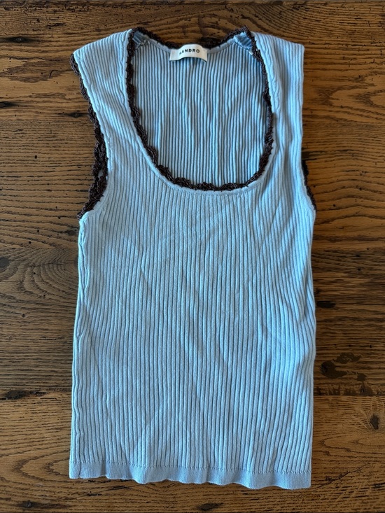Sandro Tops - Sandro Light Blue Ribbed Tank with Brown Crochet Edge